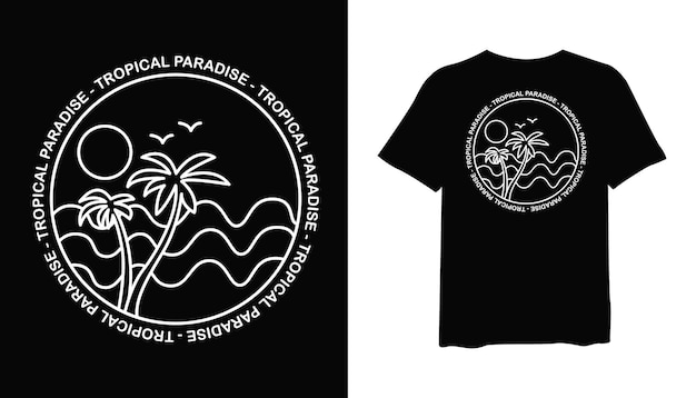 Design mockup per t-shirt con illustrazione vettoriale in stile arte linea paradiso tropicale