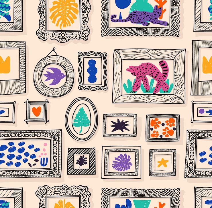 Vector tropical patchwork seamless pattern hand draw jungle framed repeat background