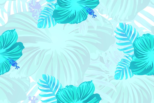 Vector tropical pattern. cyan, white, blue exotic summer flower vector background. beauty fasion monstera, palm leaves and hibiscus flowers. hawaiian tropic jungle endless print. natural swimwear design.