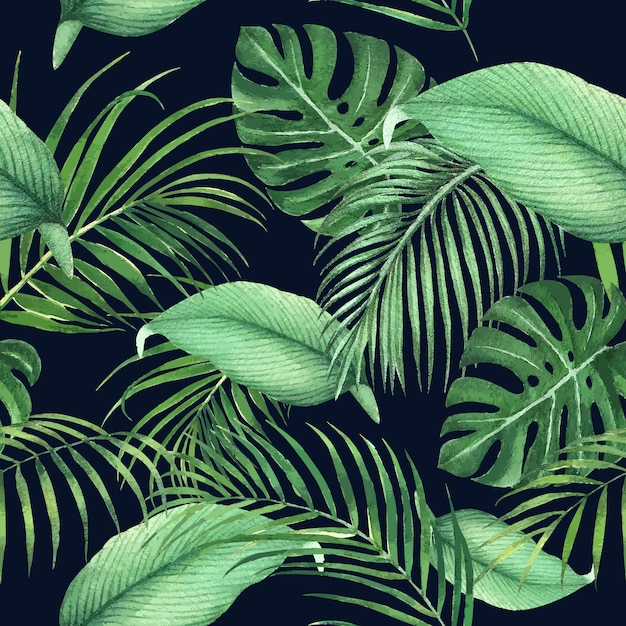 Tropical pattern design with monstera leaves and palm leaves,   illustration.
