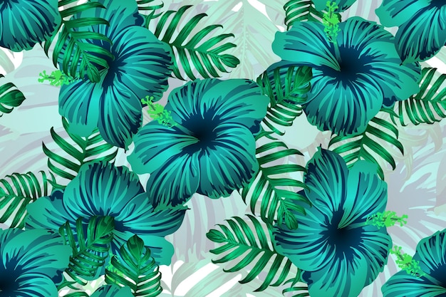 Vector tropical pattern. green blue exotic summer flower vector background. beauty fasion monstera, palm leaves and hibiscus flowers. hawaiian tropic jungle endless print. natural swimwear design.