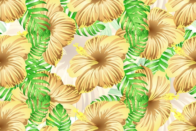 Vector tropical pattern. orange green exotic summer flower vector background. beauty fasion monstera, palm leaves and hibiscus flowers. hawaiian tropic jungle endless print. natural swimwear design.