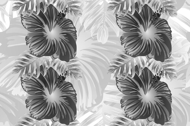 Vector tropical pattern. white and black exotic summer flower vector background. beauty fasion monstera, palm leaves and hibiscus flowers. hawaiian tropic jungle endless print. natural swimwear design.