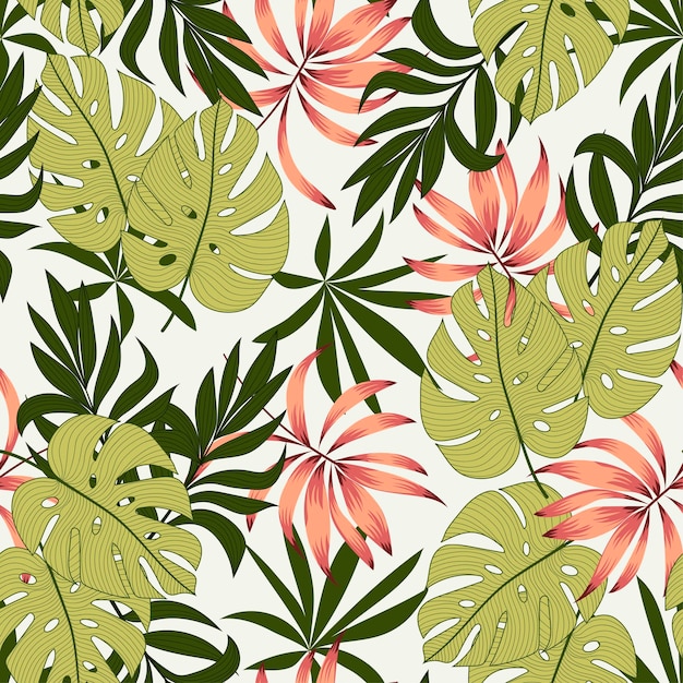 Tropical pattern with abstract plants and leaves on a beige background