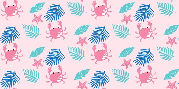 Tropical pattern with crab palm leaves and starfish on pink background vector seamless design