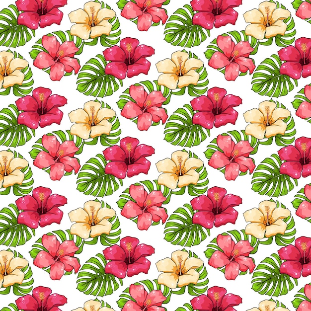 Tropical pattern with exotic plants, flowers and leaves in cartoon style.