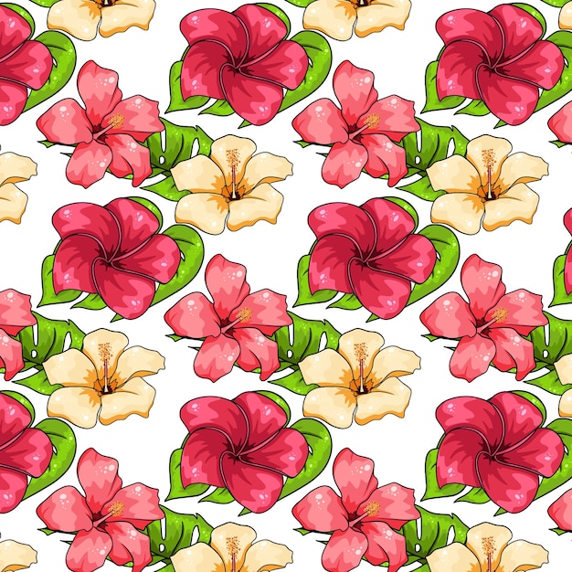 Tropical pattern with exotic plants, flowers and leaves in cartoon style.