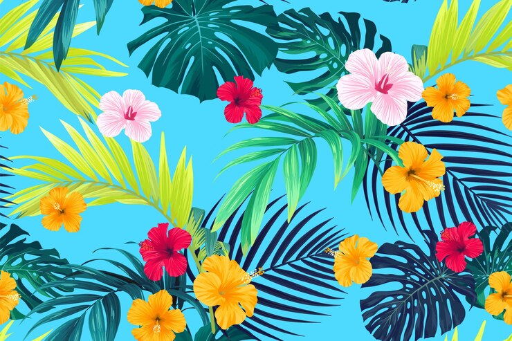 Tropical pattern with green palm leaves and hibiscus flowers Summer bright blue vector background or textile illustration