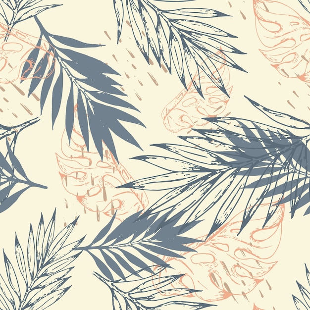 Vector tropical pattern with outline leaves