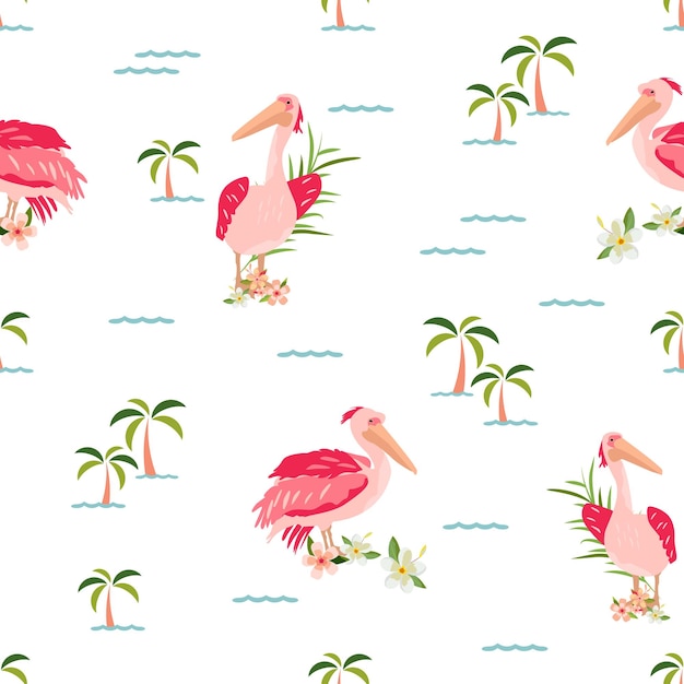 Vector tropical pattern with pelicans and palms