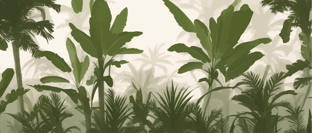 Тропический узор со старинными пальмами, векторная иллюстрация тропического туманного леса
