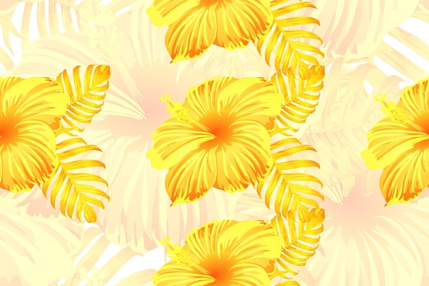 Vector tropical pattern. yellow exotic summer flower vector background. beauty fasion monstera, palm leaves and hibiscus flowers. hawaiian tropic jungle endless print. natural swimwear design.