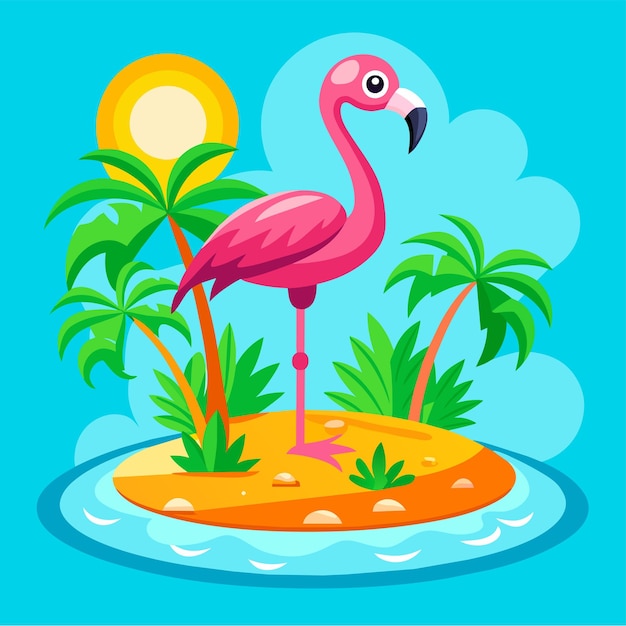 Vector tropical pink flamingo bird hand drawn flat stylish mascot cartoon character