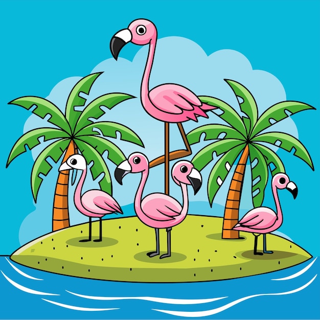 Vector tropical pink flamingo bird hand drawn flat stylish mascot cartoon character