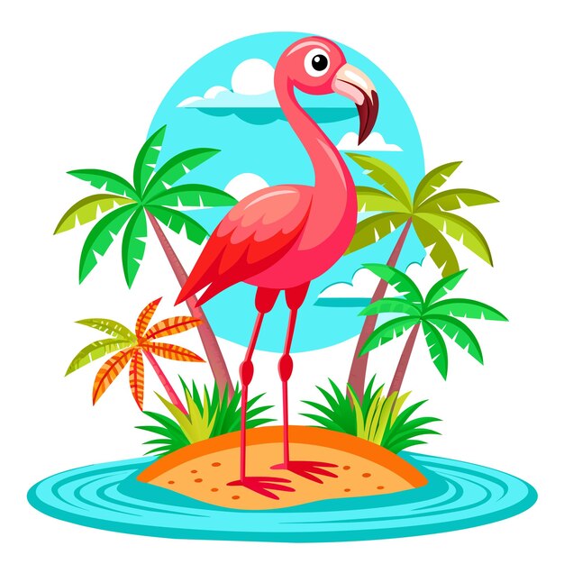 Vector tropical pink flamingo bird hand drawn flat stylish mascot cartoon character