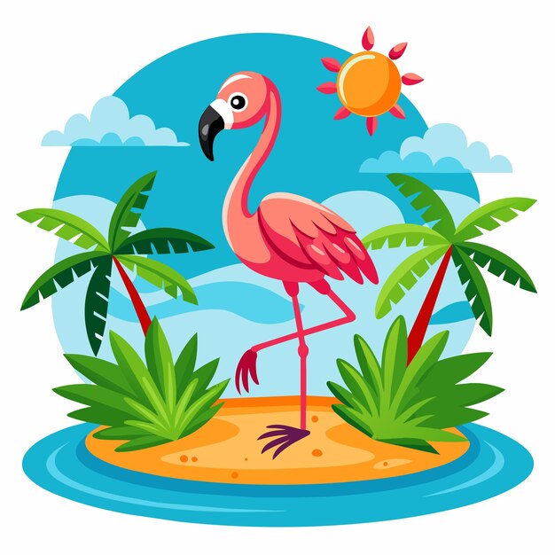 Vector tropical pink flamingo bird hand drawn flat stylish mascot cartoon character