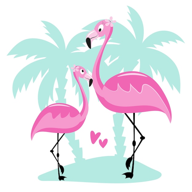 Tropical pink flamingo and palm trees floral seamless white background Exotic jungle wallpaper