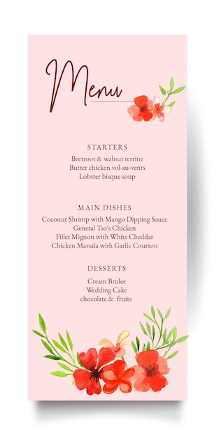 열대 분홍색과 녹색 야자수 잎 수채화 웨딩 메뉴 카탈로그