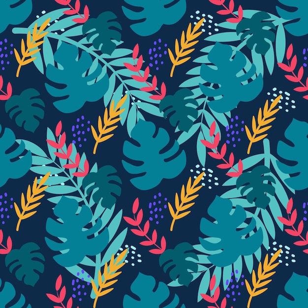 Vector tropical plants on a dark blue background monstera leaves palm trees vector seamless pattern