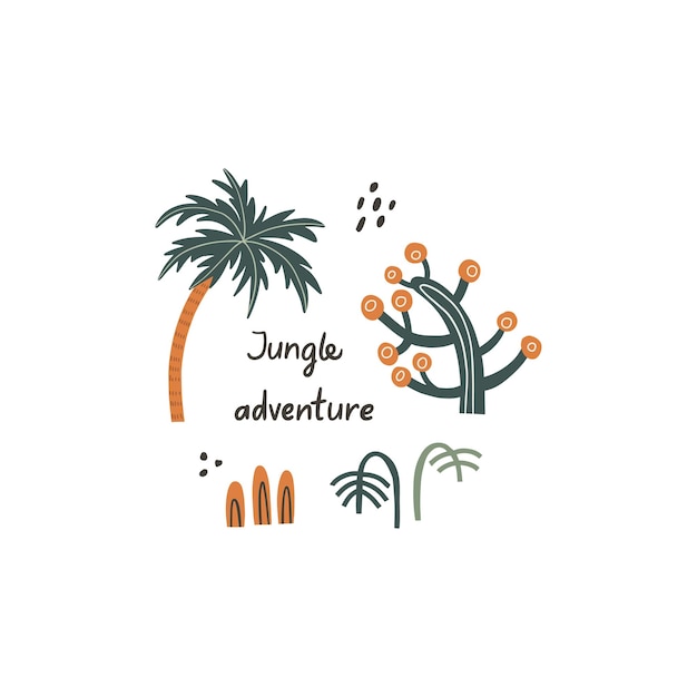 Рисунок тропических растений в ручном стиле Детская иллюстрация на белом фоне Надпись приключения в джунглях Дизайн плаката карты