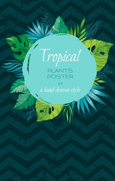 Плакат тропических растений с рисунком листьев зеленой пальмы и нарисованным вручную кругом краски шаблон векторного баннера с фоном с экзотическими тропическими растениями в стиле эскиза