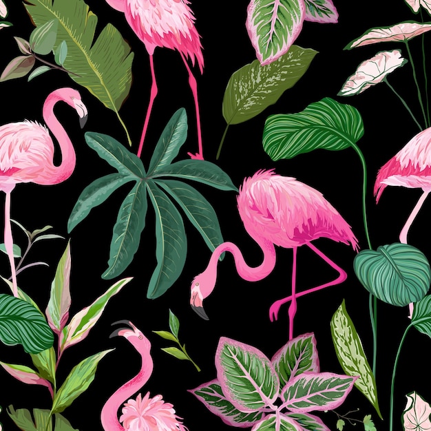 Stampa tropicale con fenicottero rosa e foglie di palma su sfondo nero, ornamento floreale senza cuciture, motivo giungla verde esotica, piante tropicali e uccelli per la stampa di tessuti o abbigliamento. illustrazione vettoriale