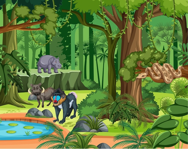 Tropical rainforest scene with various wild animals