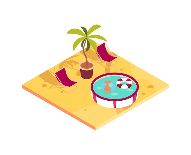 해변 3d 벡터 일러스트레이션에서 어린이를 위한 2개의 라운지 야자수와 작은 수영장이 있는 열대 휴식 아이소메트릭 아이콘