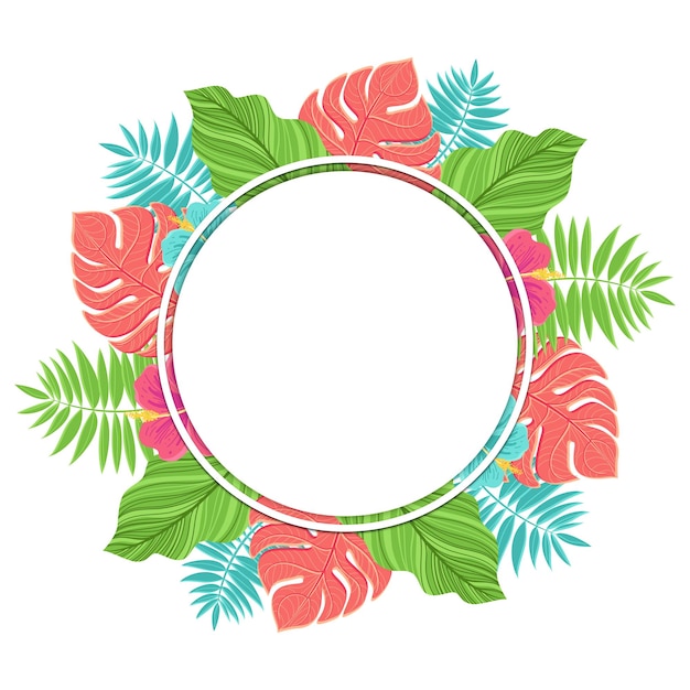 Tropical round label with colorful palm leaves isolated on white background with text place