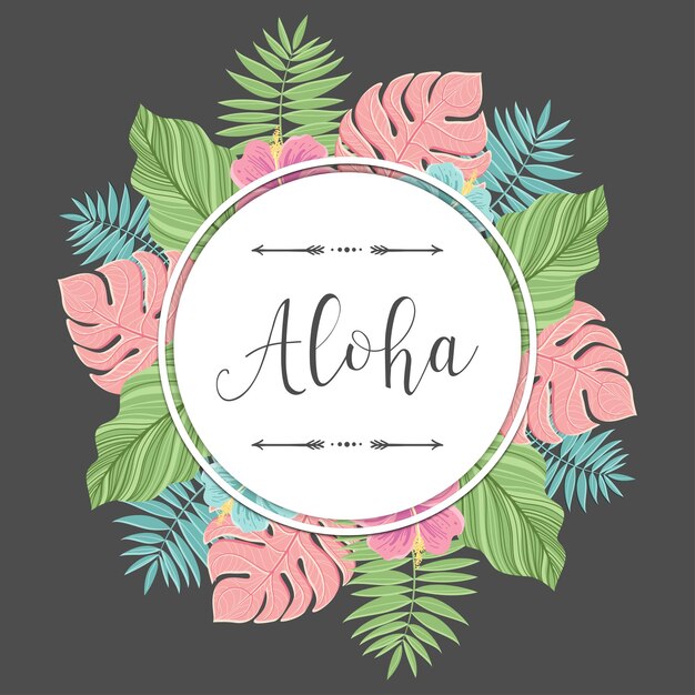 Tropical round label with colorful palm leaves. perfect for invitations, greeting cards, blogs, posters and more. vector illustration. on grey background.