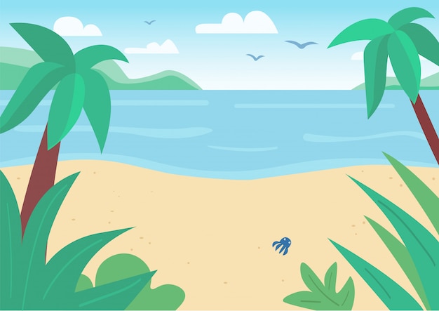 Тропический песчаный пляж и море плоская цветная иллюстрация