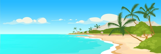 Tropical sandy beach flat color illustration. Wild sea shore and palm trees scene