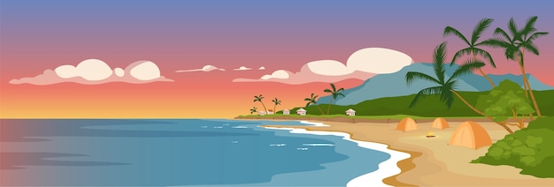 Tropical sandy beach flat color . Wild sea shore and palm trees. Marine town panoramic view. Summer camping. Tents on ocean coast 2D cartoon landscape with sunset sky on background