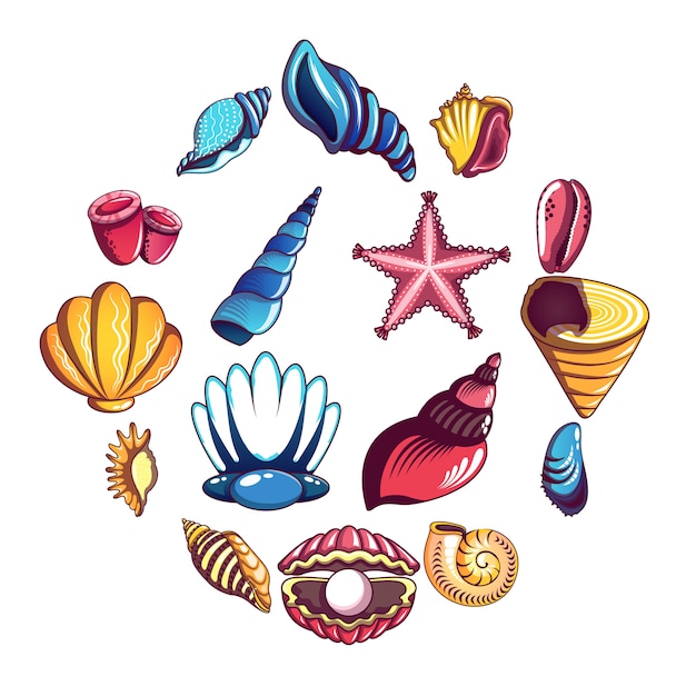 Tropical sea shell icon set, cartoon style