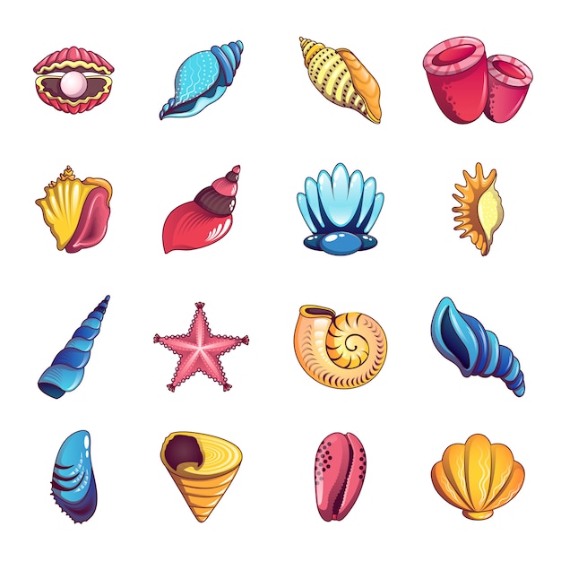 Tropical sea shell icons set