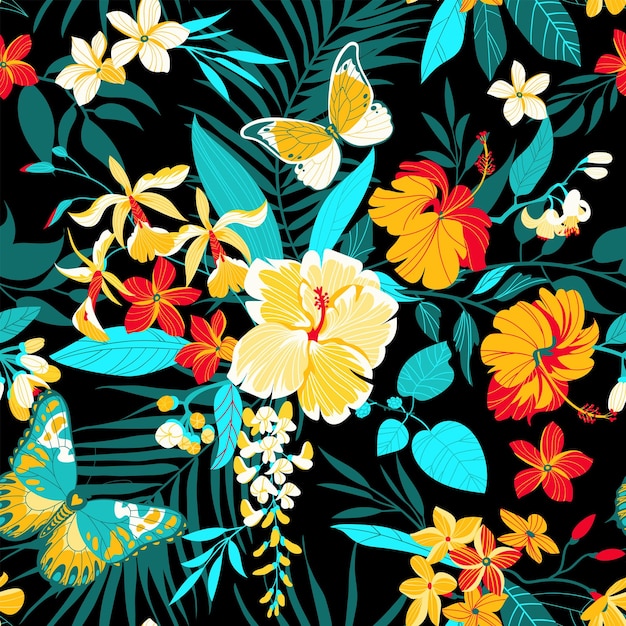 Tropical seamless background with simple flowers