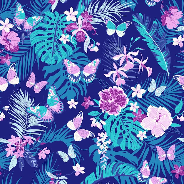 Tropical seamless background with simple flowers