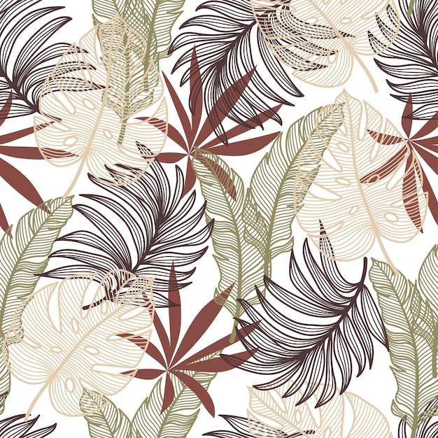 Tropical seamless fashion pattern with bright and colorful plants and leaves on a pastel background