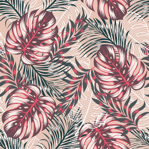 Tropical seamless fashion pattern with bright and colorful plants and leaves on a pink background