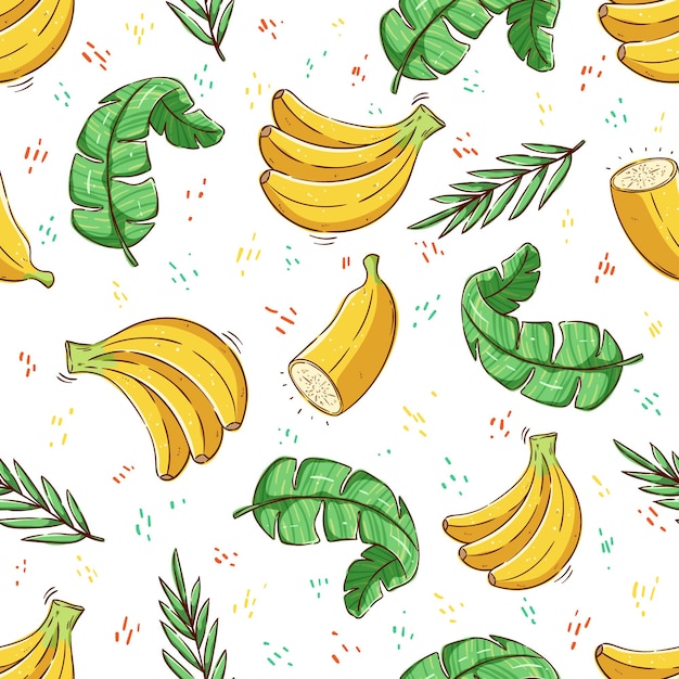 バナナの果実とバナナの葉を持つ熱帯のシームレスなパターン夏のパターン