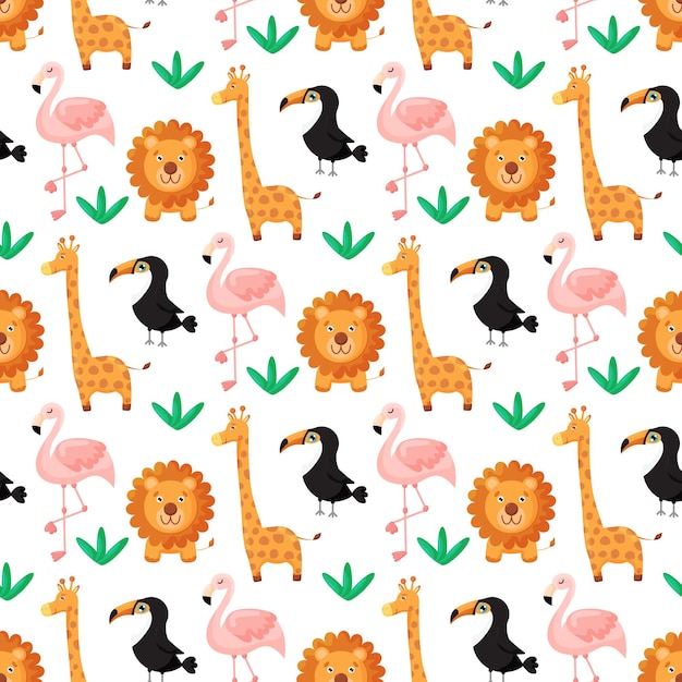 Tropical seamless pattern toucan flamingos lion giraffe and exotic leaves