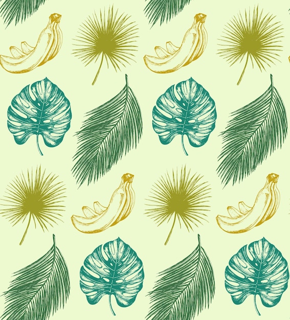 Tropical seamless pattern in vector Exotic palm leaves fruits background Jungle foliage illustration