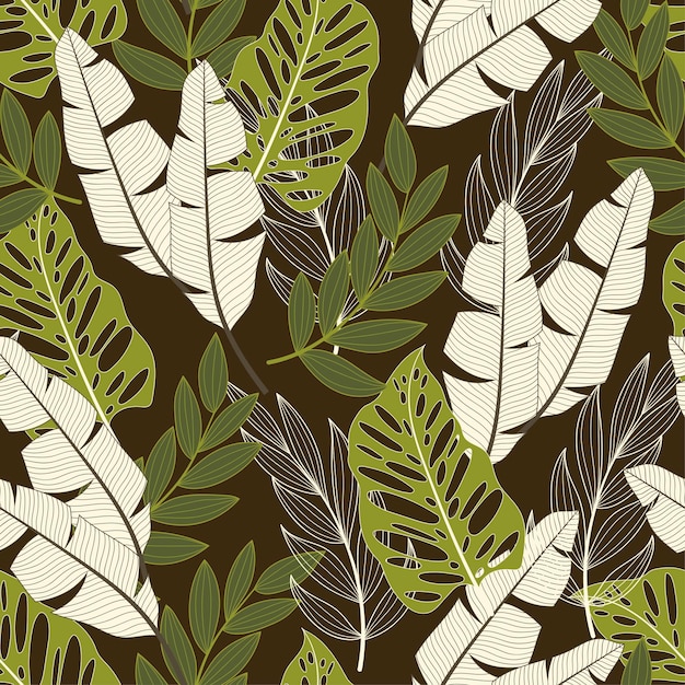 Vector tropical seamless pattern with bright exotic plants and leaves on a brown background