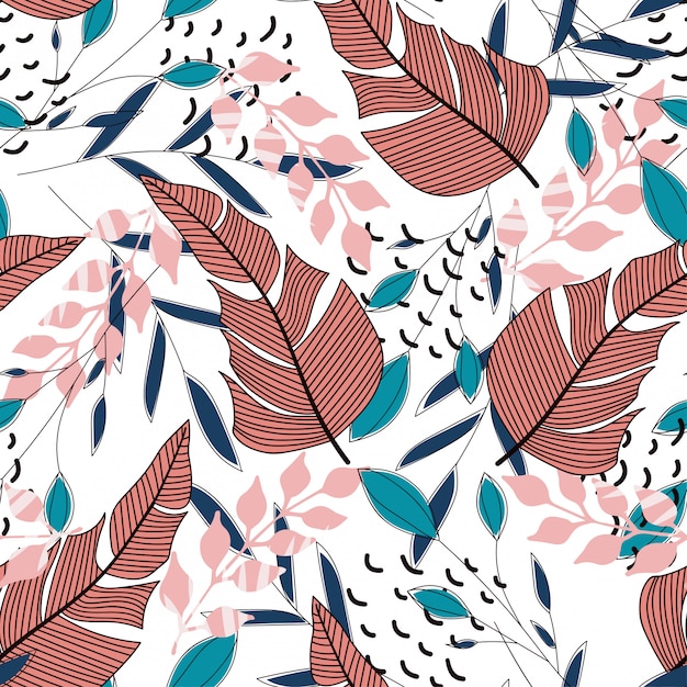 Tropical seamless pattern with bright leaves and plants on  white