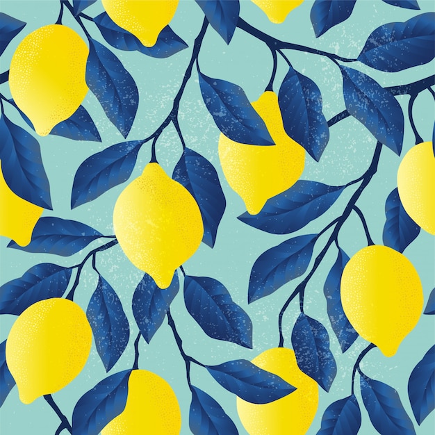Vector tropical seamless pattern with bright yellow lemons.