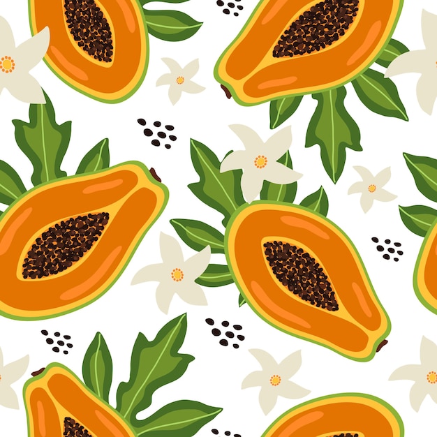 tropical seamless pattern with colorful half papaya fruit leaves and flowers on white background