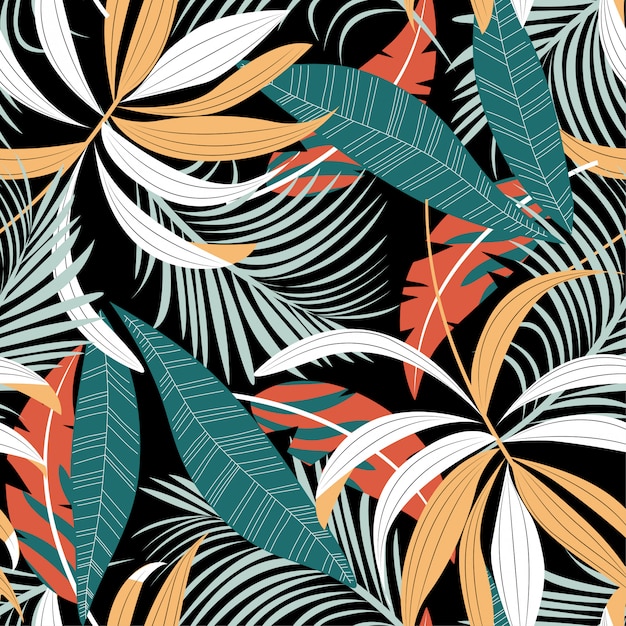 Tropical seamless pattern with colorful leaves and plants 