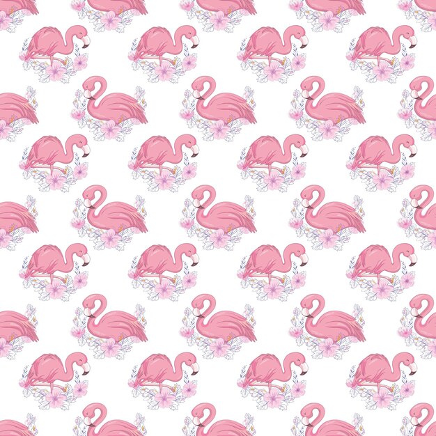 Vector tropical seamless pattern with cute flamingo and flowers