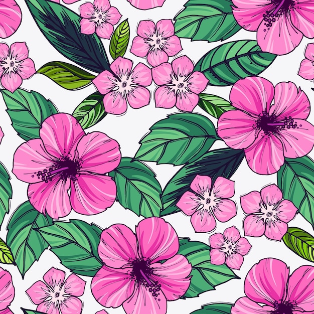 Tropical seamless pattern with exotic plants and hibiscus flowers.