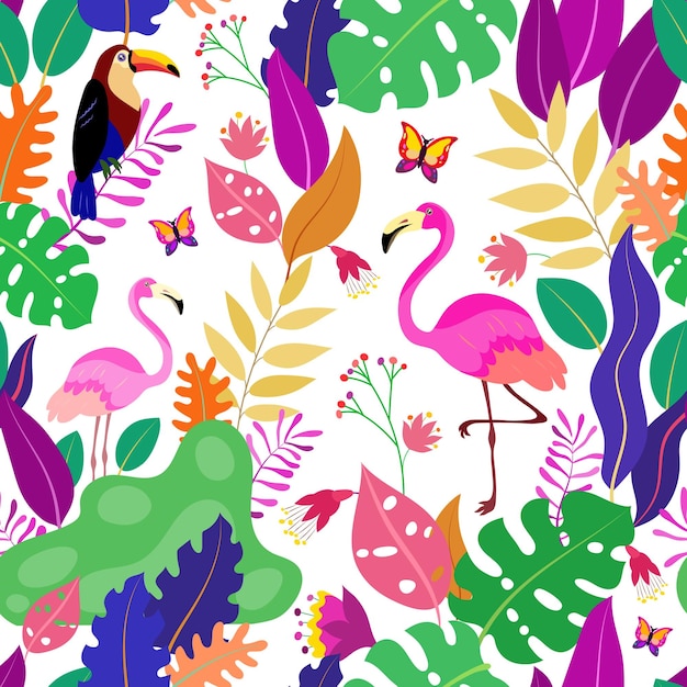 Tropical seamless pattern with flamingo toucan and exotic plants leaves